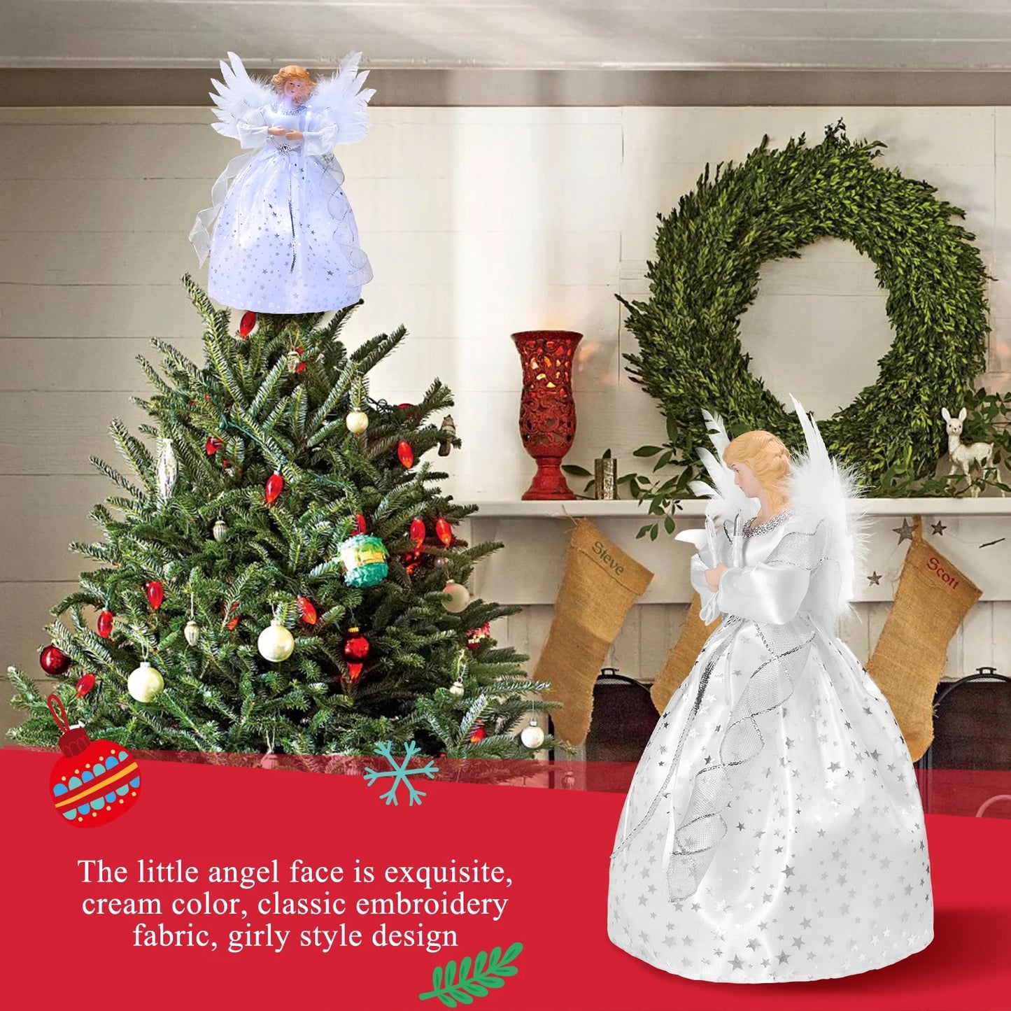 Ayieyill Angel Treetop, 12-Inch, Christmas Angel Tree Topper, Lighted Angel Tree Topper White -Christmas Tree Topper Decoration Ornament (Silver)