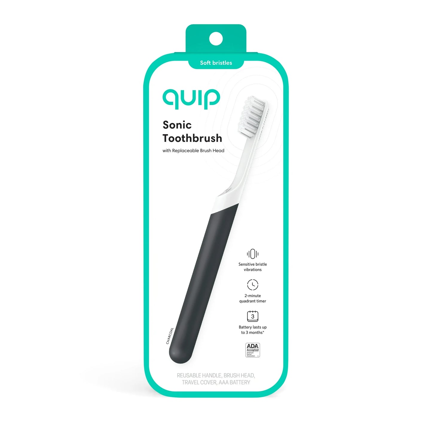 Quip Adult Electric Toothbrush Full Head, Built-in Timer + Travel Case, Charcoal Plastic