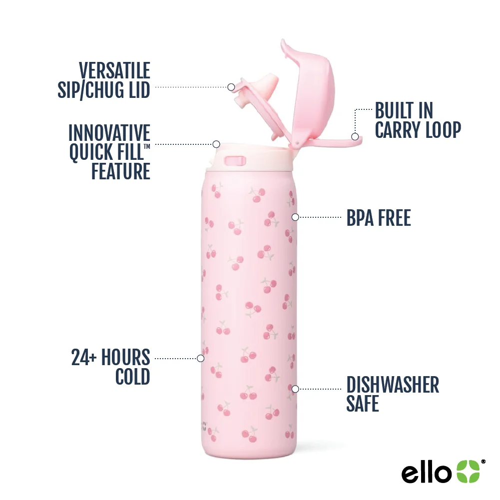 Ello Flip & Fill 22 oz Stainless Steel Water Bottle, Cherries