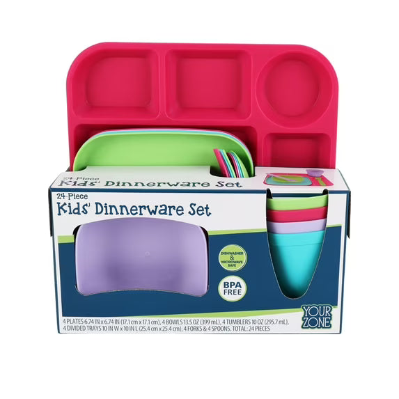 Your Zone 24-Piece Plastic Kids Dinnerware Set with 4 Trays, Bowls, Plates, Cups, Forks, Spoons in Pink, Purple, Aqua, Green
