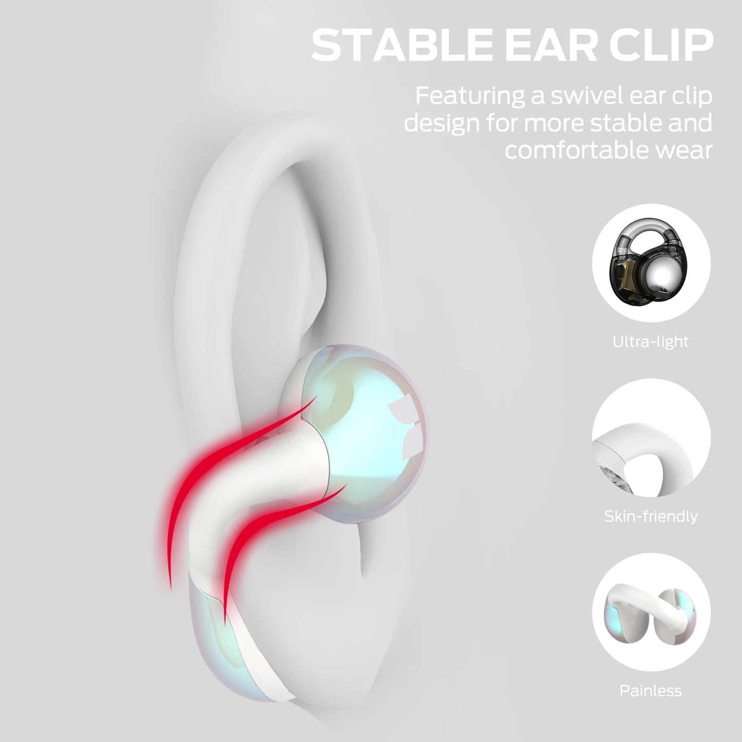 Monster Bone Conduction Bluetooth 5.4 Wireless Ear Clip Headphones – AI Noise Cancelling, Multi-Mic, White