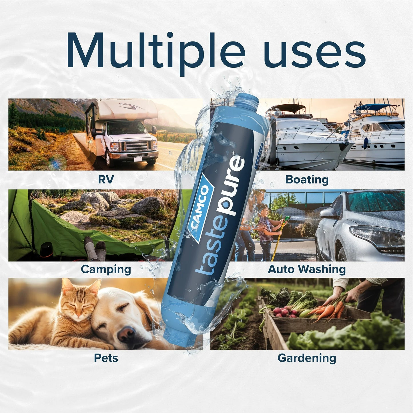 Camco TastePURE RV Water Filter with Hose Protector – GAC Filtration, Blue (40043)