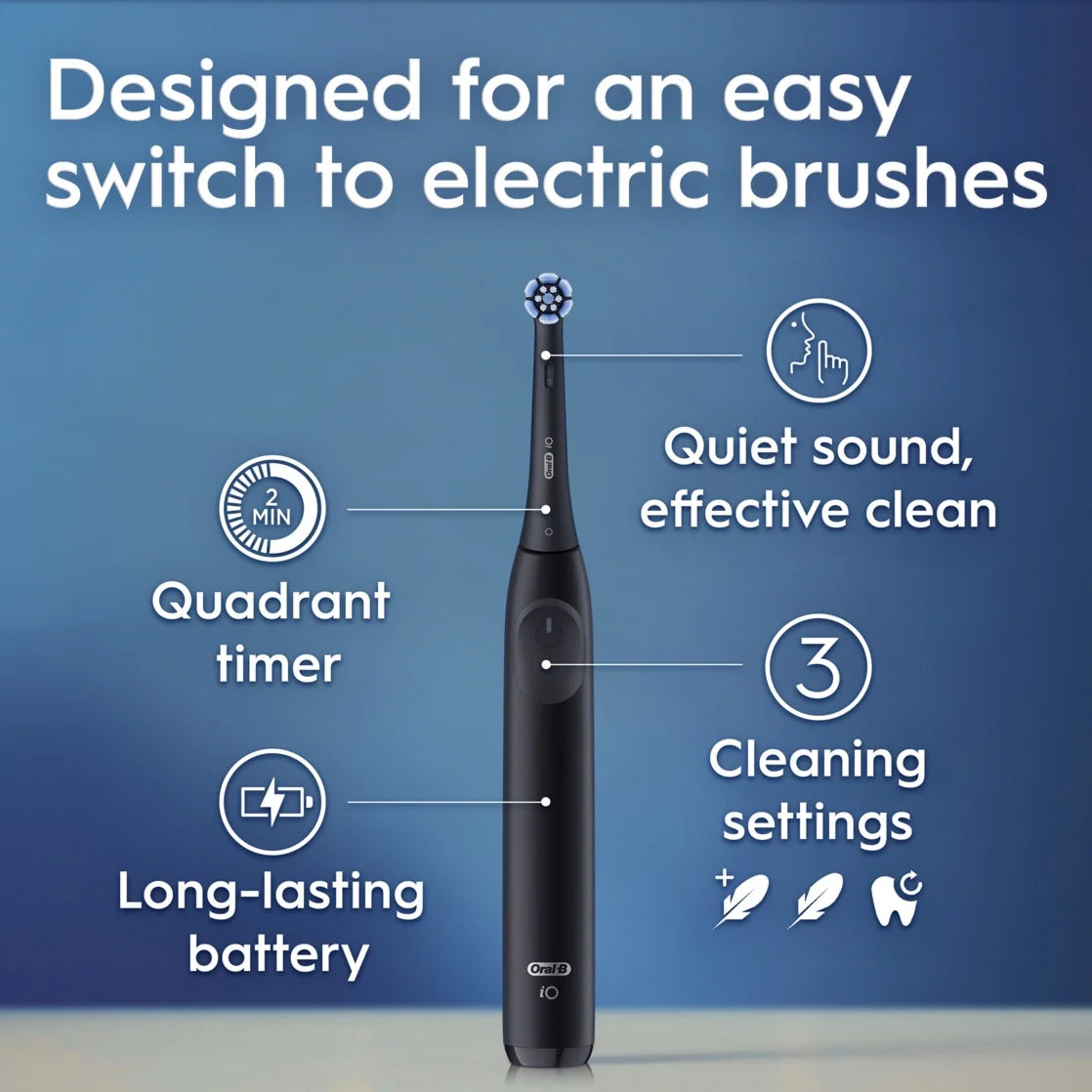 Oral-B iO Series 2 Rechargeable Electric Toothbrush, Night Black with 1 Gentle Care Brush Head for Adults and Children 3+