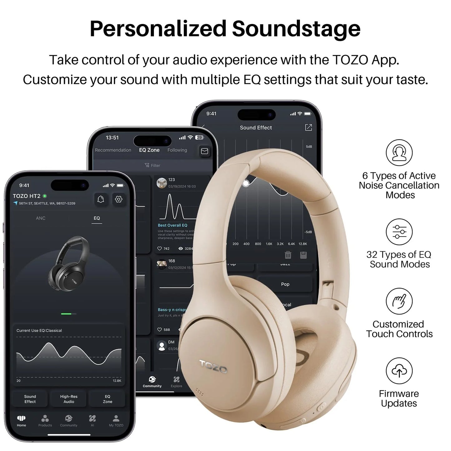 TOZO HT2 Hybrid ANC Over-Ear Headphones – Bluetooth 5.3, Hi-Res Audio, 60H Playtime, Foldable & App-Controlled