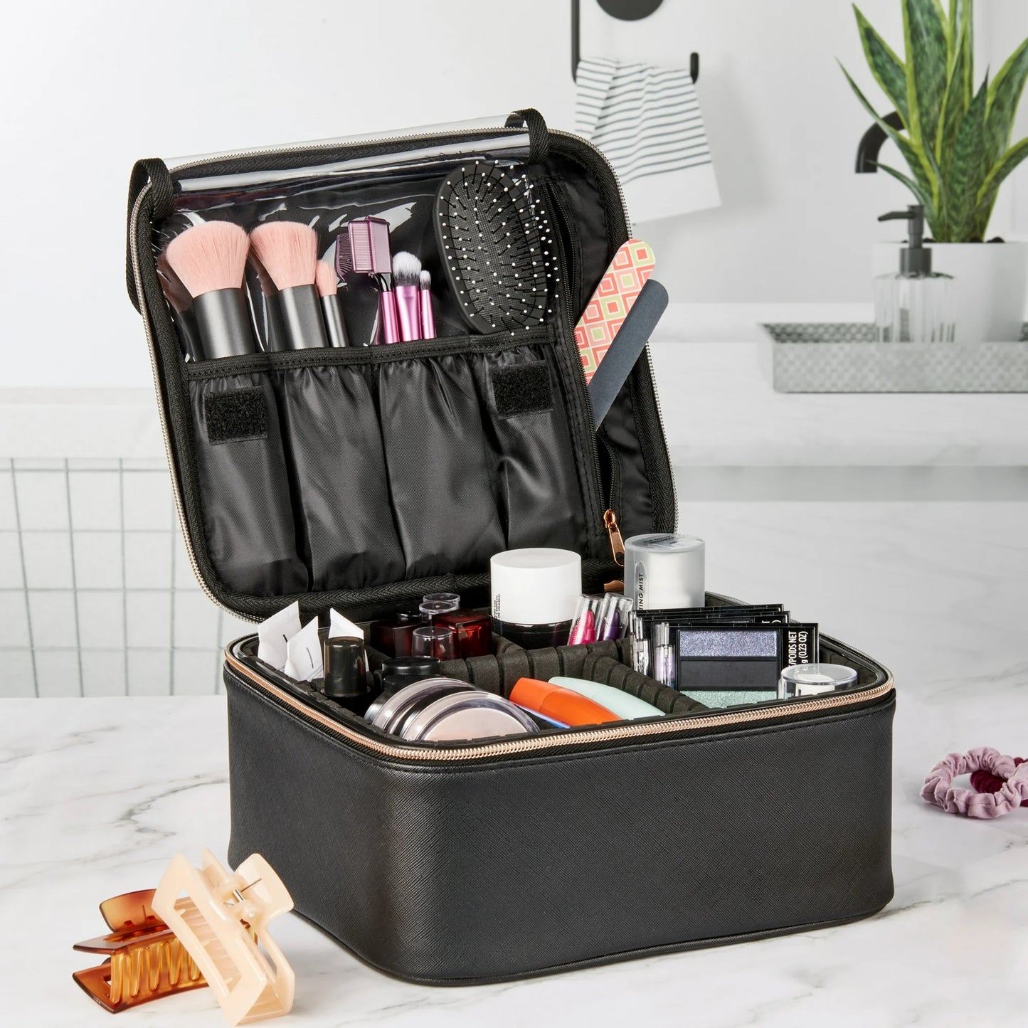 Walmart Train Case Cosmetics Organizer with Adjustable Dividers for Travel with Makeup & Toiletries, Black, Size 10.00" x 4.75" x 8.75"
