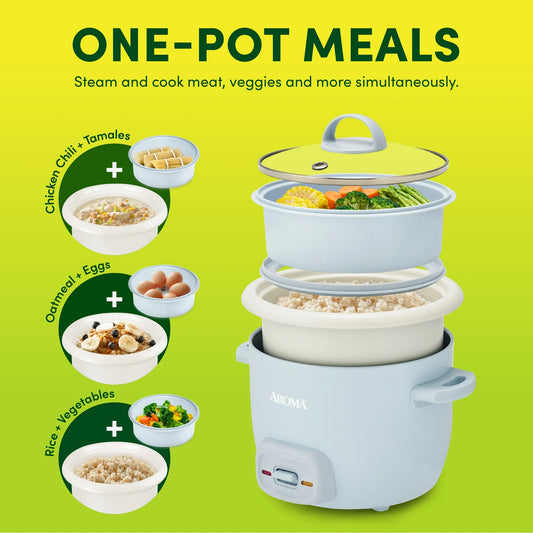 AROMA® 4-Cup Rice Cooker & Food Steamer with Bonded Granite® Nonstick Ceramic & Pop-Up Steam Tray - Blue
