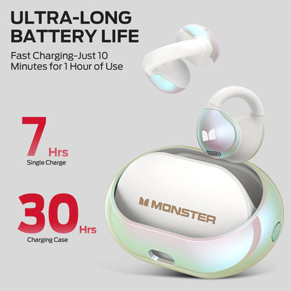 Monster Bone Conduction Bluetooth 5.4 Wireless Ear Clip Headphones – AI Noise Cancelling, Multi-Mic, White