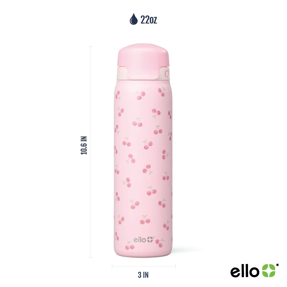 Ello Flip & Fill 22 oz Stainless Steel Water Bottle, Cherries
