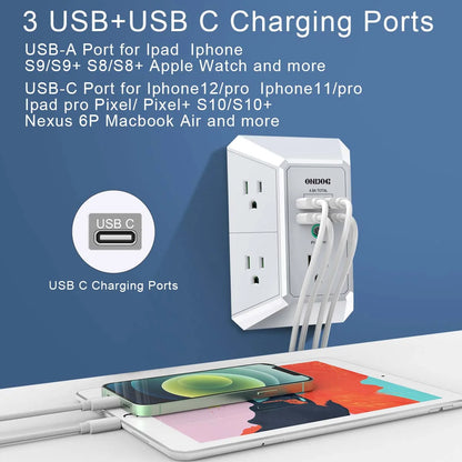ONDOG 3-Side Surge Protector Power Strip – 5 Outlets + 4 USB Ports (USB-C), 1800J Protection