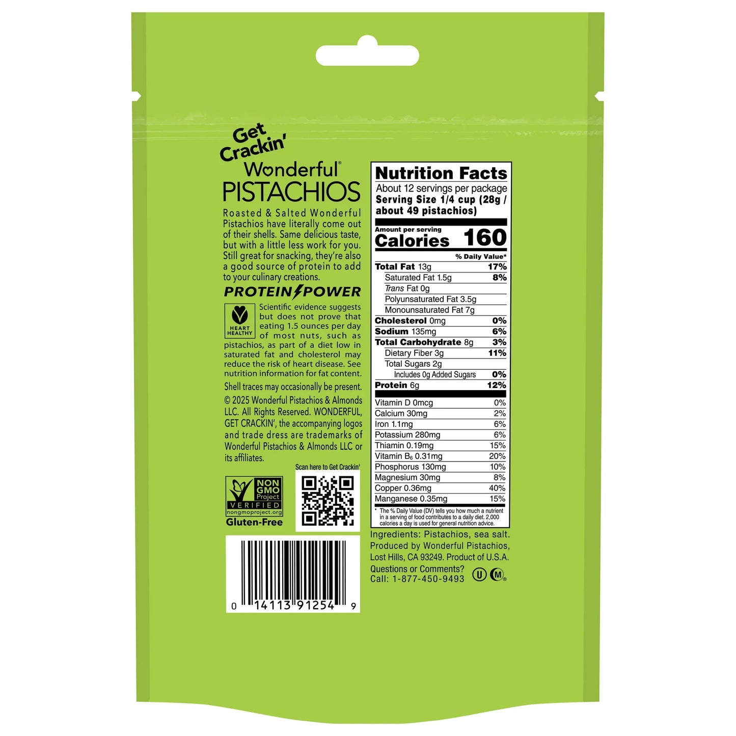 Wonderful Pistachios, No Shells Roasted & Salted Nuts, 12 Ounce Bag