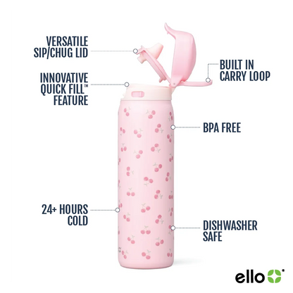 Ello Flip & Fill 22 oz Stainless Steel Water Bottle, Cherries