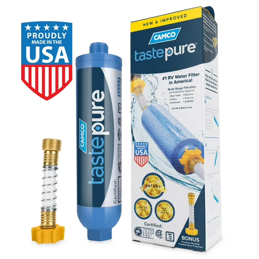 Camco TastePURE RV Water Filter with Hose Protector – GAC Filtration, Blue (40043)