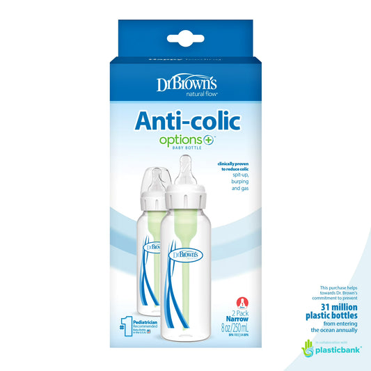Dr. Brown's Natural Flow Anti-Colic Options+ Narrow Baby Bottle, 8oz, Slow Flow, 0m+, 2 Pack