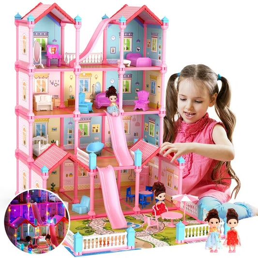 JoyStone Play Dollhouse with Doll Toy Figures, 14 Rooms Furniture and Colorful Lights, Creative Doll House Gift for Girls Ages 3+, Assemble Required, Pink