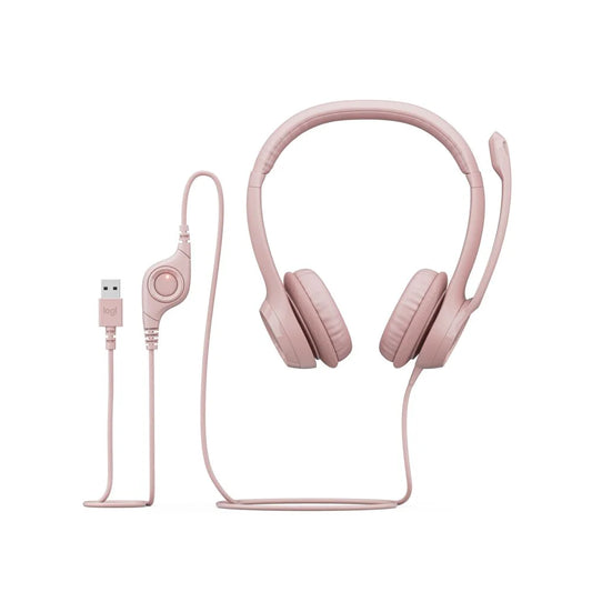 Logitech H390 Wired USB Headset, Stereo Headphones with Noise-Cancelling Microphone, USB, In-Line Controls, PC/Mac/Laptop, Rose (981-001356)