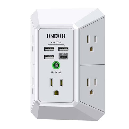 ONDOG 3-Side Surge Protector Power Strip – 5 Outlets + 4 USB Ports (USB-C), 1800J Protection
