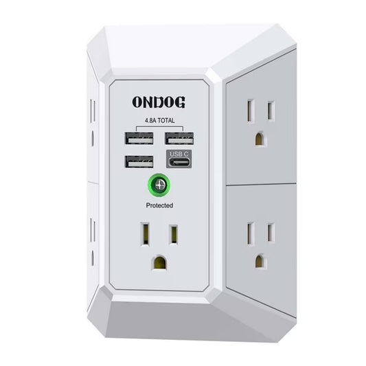 ONDOG 3-Side Surge Protector Power Strip – 5 Outlets + 4 USB Ports (USB-C), 1800J Protection