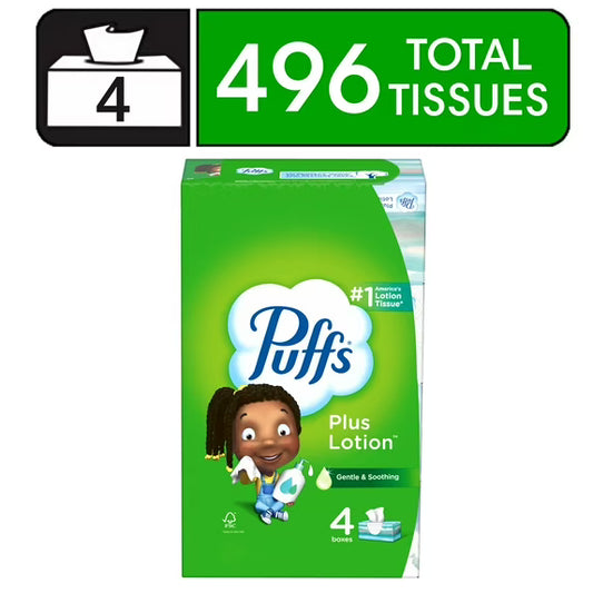 Puffs Plus Lotion Facial Tissues, 4 Family Box, 124 Tissues Per Box