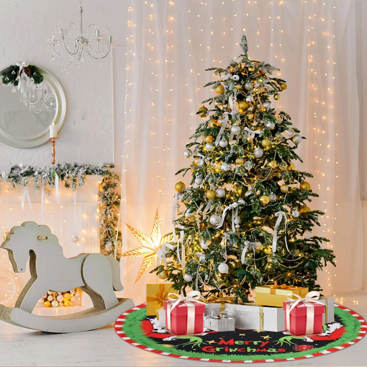 48 inch Grinch Merry Christmas Tree Skirt Collar, A Cozy And Humorous Addition To Your Farmhouse-Themed Holiday Decorations For Christmas Parties