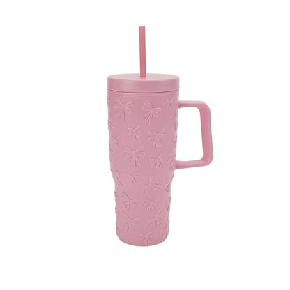 30 Ounce Pink Acrylic Double Wall Embossed Bows Tumbler with Straw and Handle, by Holiday Time