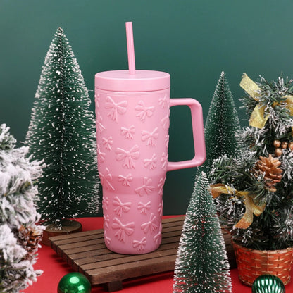 30 Ounce Pink Acrylic Double Wall Embossed Bows Tumbler with Straw and Handle, by Holiday Time