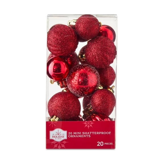 Mini Red Multi-Textured Shatterproof Christmas Ornaments, 20 Count, by Holiday Time