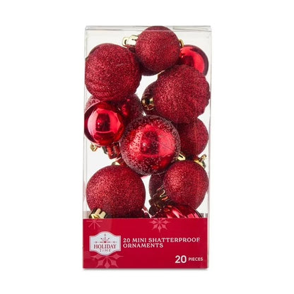 Mini Red Multi-Textured Shatterproof Christmas Ornaments, 20 Count, by Holiday Time
