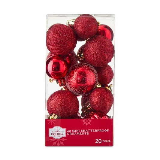 Mini Red Multi-Textured Shatterproof Christmas Ornaments, 20 Count, by Holiday Time