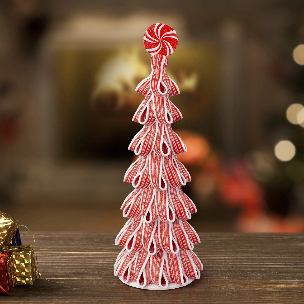 Ribbon Peppermint Candy Christmas Tree Tabletop Decoration, Red and White, 13.5", by Holiday Time