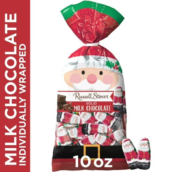 RUSSELL STOVER Christmas Foil-Wrapped Santa's in Solid Milk Chocolate Gift Bag, 10 oz. (≈ 40 Pieces)
