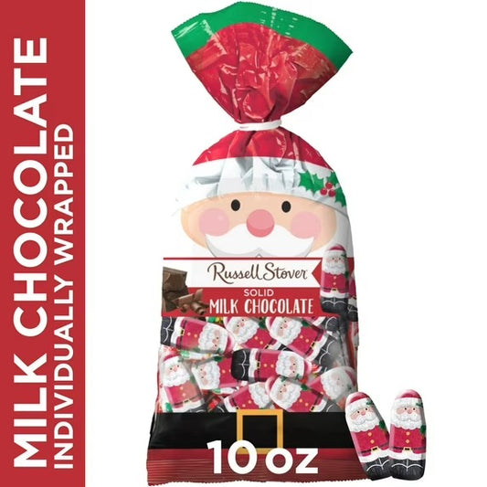RUSSELL STOVER Christmas Foil-Wrapped Santa's in Solid Milk Chocolate Gift Bag, 10 oz. (≈ 40 Pieces)