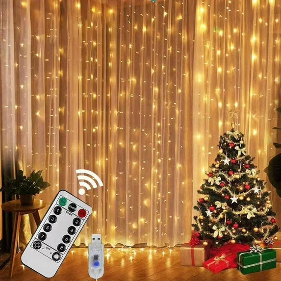 9.9x9.9ft Window Curtain String Light, 300 Waterproof LED Twinkle Lights, 8 Modes Fairy Lights USB Remote Control Lights for Christmas Bedroom Party Wedding Home Garden Wall Decorations