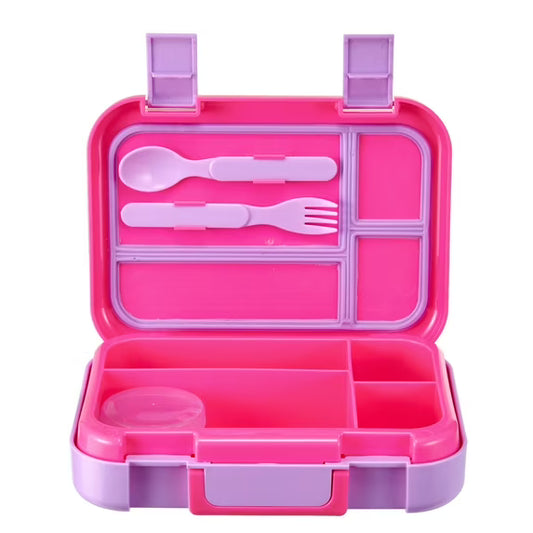 Your Zone Plastic Bento Box with 4 Compartments, Fork, Spoon, 1 Dressing Container, Pink