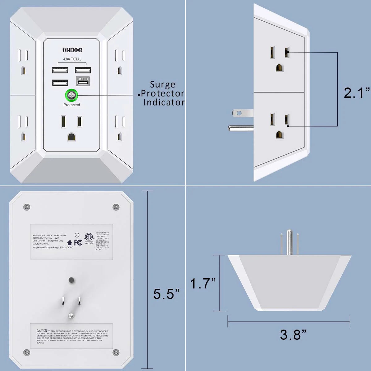 ONDOG 3-Side Surge Protector Power Strip – 5 Outlets + 4 USB Ports (USB-C), 1800J Protection