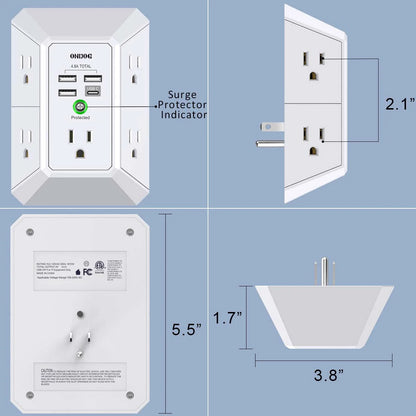 ONDOG 3-Side Surge Protector Power Strip – 5 Outlets + 4 USB Ports (USB-C), 1800J Protection
