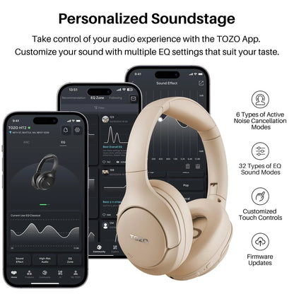 TOZO HT2 Hybrid ANC Over-Ear Headphones – Bluetooth 5.3, Hi-Res Audio, 60H Playtime, Foldable & App-Controlled