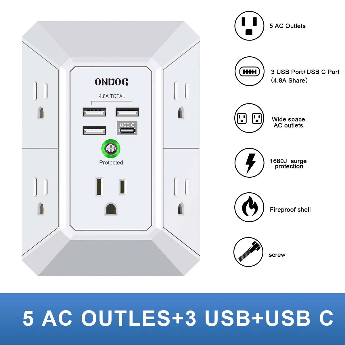 ONDOG 3-Side Surge Protector Power Strip – 5 Outlets + 4 USB Ports (USB-C), 1800J Protection
