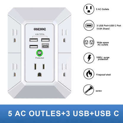 ONDOG 3-Side Surge Protector Power Strip – 5 Outlets + 4 USB Ports (USB-C), 1800J Protection