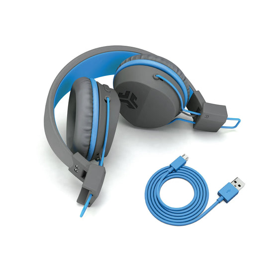 JLab Neon Bluetooth Folding On-Ear Headphones, Wireless Headphones, Blue, 30 Hour Bluetooth Playtime, Noise Isolation, 40mm Neodymium Drivers, C3 Sound - Gray/Blue