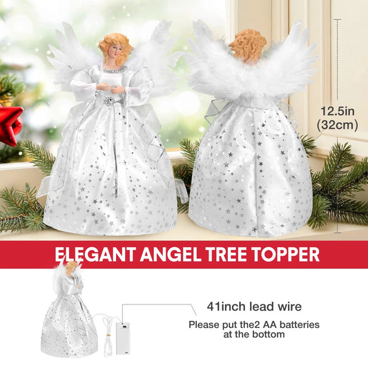 Ayieyill Angel Treetop, 12-Inch, Christmas Angel Tree Topper, Lighted Angel Tree Topper White -Christmas Tree Topper Decoration Ornament (Silver)