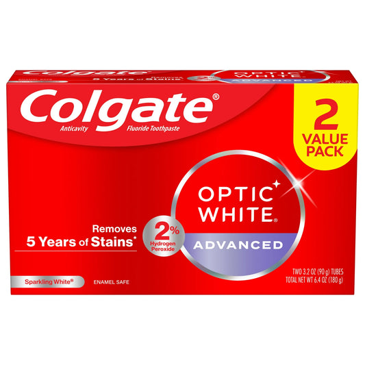 Colgate Optic White Advanced Hydrogen Peroxide Whitening Toothpaste, Mint, 3.2 oz, 2 Pack