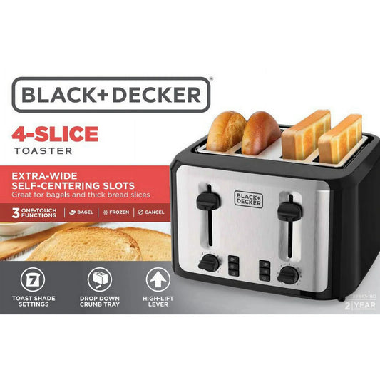 Black+Decker 4-Slice Toaster with Extra-Wide Slots and Drop-Down Crumb Tray, Black/Silver
