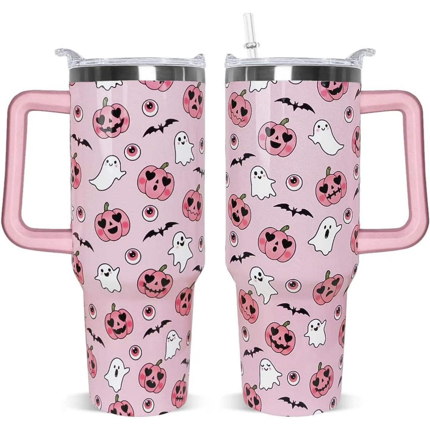 Halloween 40oz Tumbler – Pink Pumpkin Ghost Insulated Travel Mug (Leak-Proof)