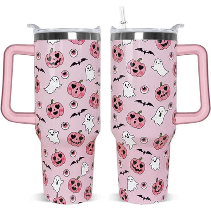 Halloween 40oz Tumbler – Pink Pumpkin Ghost Insulated Travel Mug (Leak-Proof)