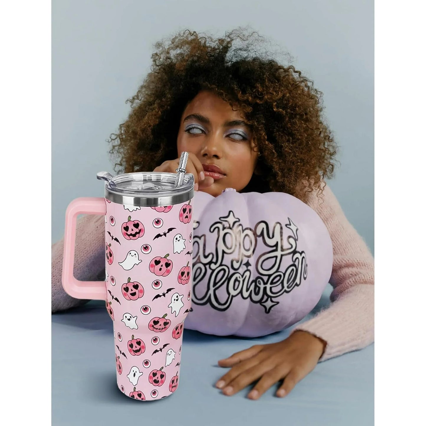 Halloween 40oz Tumbler – Pink Pumpkin Ghost Insulated Travel Mug (Leak-Proof)