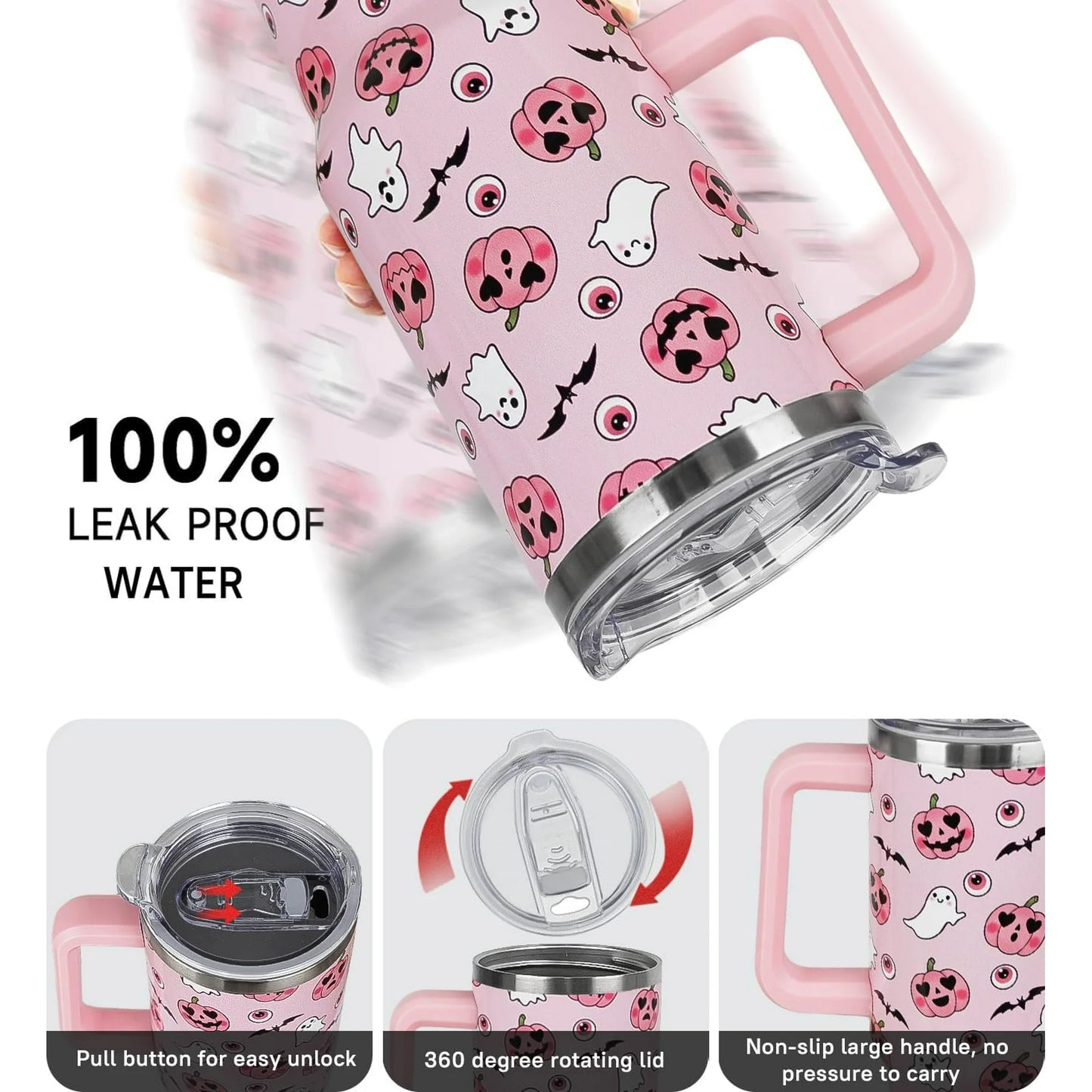 Halloween 40oz Tumbler – Pink Pumpkin Ghost Insulated Travel Mug (Leak-Proof)