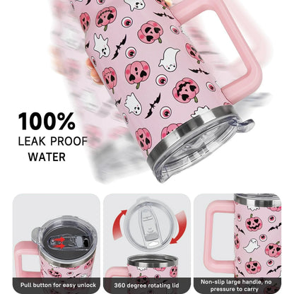 Halloween 40oz Tumbler – Pink Pumpkin Ghost Insulated Travel Mug (Leak-Proof)
