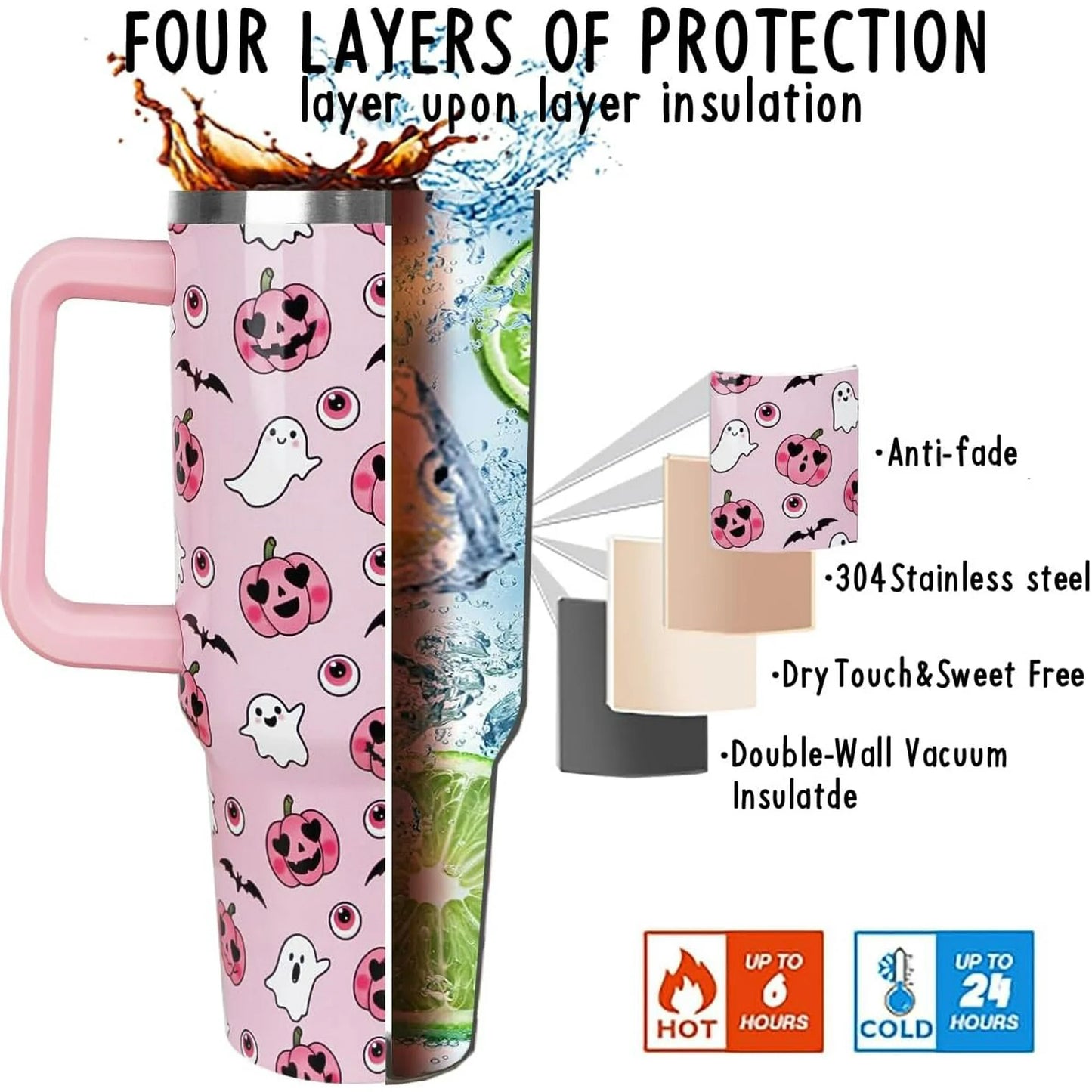 Halloween 40oz Tumbler – Pink Pumpkin Ghost Insulated Travel Mug (Leak-Proof)