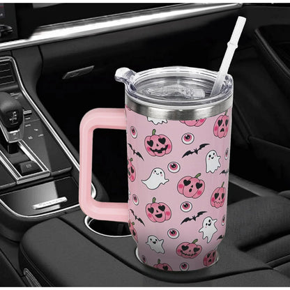 Halloween 40oz Tumbler – Pink Pumpkin Ghost Insulated Travel Mug (Leak-Proof)